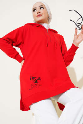 Kapüşonlu Yarım Fermuarlı Baskılı Tunik Kırmızı - ELFİDA TEKSTİL