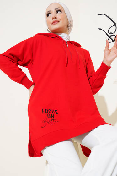 Kapüşonlu Yarım Fermuarlı Baskılı Tunik Kırmızı - Sweatshirt