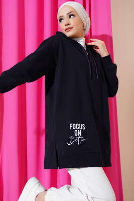 Kapüşonlu Yarım Fermuarlı Baskılı Tunik Lacivert - ELFİDA TEKSTİL