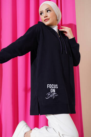 Kapüşonlu Yarım Fermuarlı Baskılı Tunik Lacivert - Sweatshirt
