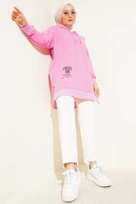 Kapüşonlu Yarım Fermuarlı Baskılı Tunik Pembe - ÇOK SATANLAR