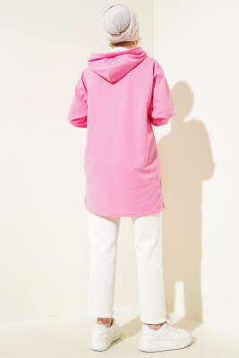 Kapüşonlu Yarım Fermuarlı Baskılı Tunik Pembe - ÇOK SATANLAR