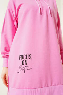 Kapüşonlu Yarım Fermuarlı Baskılı Tunik Pembe - ÇOK SATANLAR