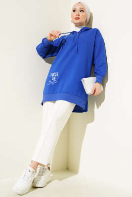 Kapüşonlu Yarım Fermuarlı Baskılı Tunik Saks - ÇOK SATANLAR