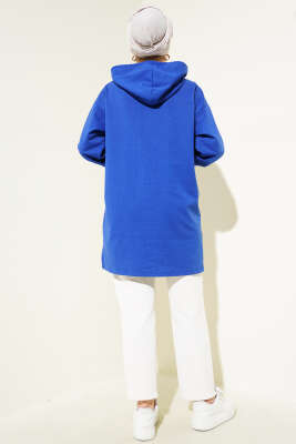 Kapüşonlu Yarım Fermuarlı Baskılı Tunik Saks - ÇOK SATANLAR