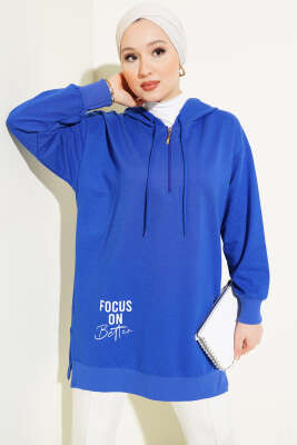 Kapüşonlu Yarım Fermuarlı Baskılı Tunik Saks - ELFİDA TEKSTİL