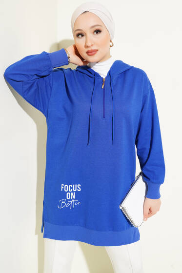 Kapüşonlu Yarım Fermuarlı Baskılı Tunik Saks - ÇOK SATANLAR