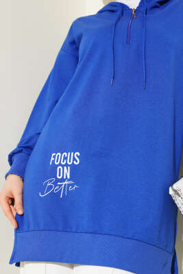 Kapüşonlu Yarım Fermuarlı Baskılı Tunik Saks - ÇOK SATANLAR