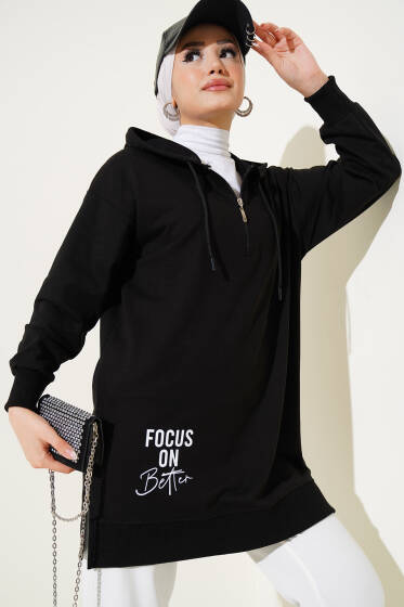 Kapüşonlu Yarım Fermuarlı Baskılı Tunik Siyah - Sweatshirt
