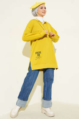 Kapüşonlu Yarım Fermuarlı Baskılı Tunik Yağ Yeşili - ÇOK SATANLAR