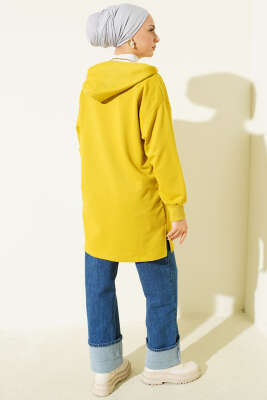 Kapüşonlu Yarım Fermuarlı Baskılı Tunik Yağ Yeşili - Tunik