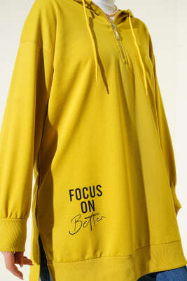 Kapüşonlu Yarım Fermuarlı Baskılı Tunik Yağ Yeşili - Tunik