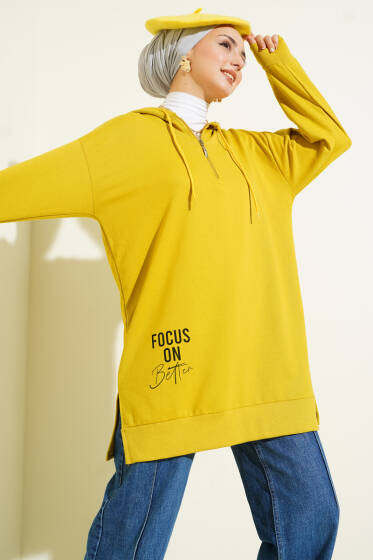 Kapüşonlu Yarım Fermuarlı Baskılı Tunik Yağ Yeşili - Yılın Fırsatı