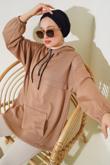 Kapüşonlu Yarım Fermuarlı Sweatshirt Bisküvi - Tunik