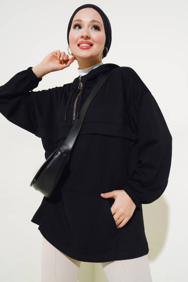 Kapüşonlu Yarım Fermuarlı Sweatshirt Siyah - Tunik