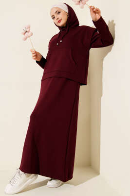 Kapüşonlu Yelekli Loyşa Elbise Bordo - HBS