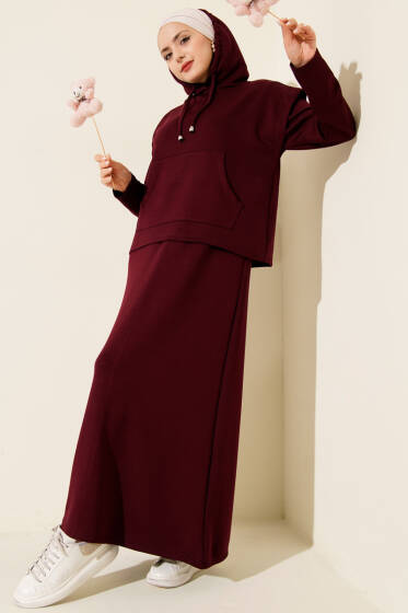 Kapüşonlu Yelekli Loyşa Elbise Bordo - Elbise