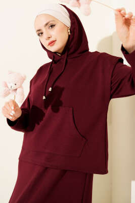 Kapüşonlu Yelekli Loyşa Elbise Bordo - Elbise