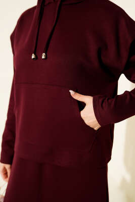 Kapüşonlu Yelekli Loyşa Elbise Bordo - Elbise