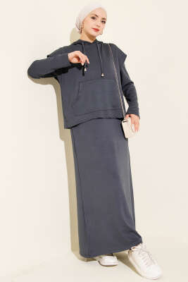 Kapüşonlu Yelekli Loyşa Elbise Füme - HBS