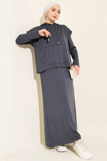 Kapüşonlu Yelekli Loyşa Elbise Füme - Elbise