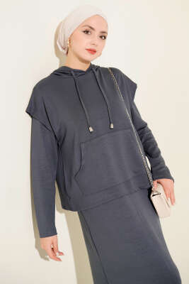 Kapüşonlu Yelekli Loyşa Elbise Füme - Elbise