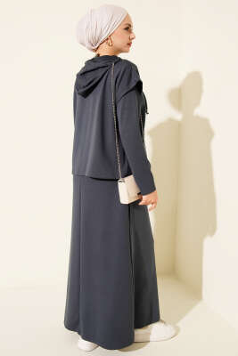 Kapüşonlu Yelekli Loyşa Elbise Füme - Elbise