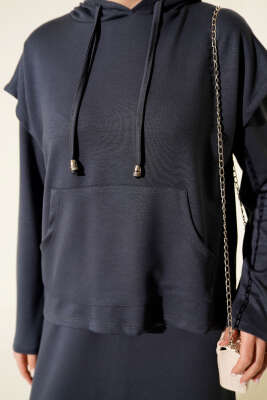 Kapüşonlu Yelekli Loyşa Elbise Füme - Elbise