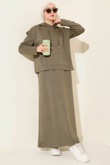 Kapüşonlu Yelekli Loyşa Elbise Haki - Elbise