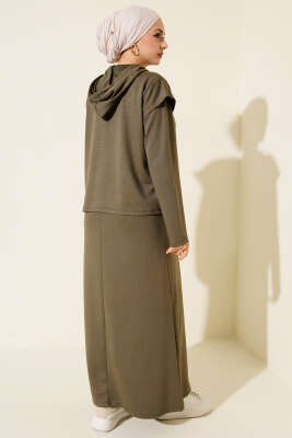 Kapüşonlu Yelekli Loyşa Elbise Haki - Elbise