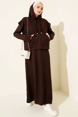 Kapüşonlu Yelekli Loyşa Elbise Kahve - HBS