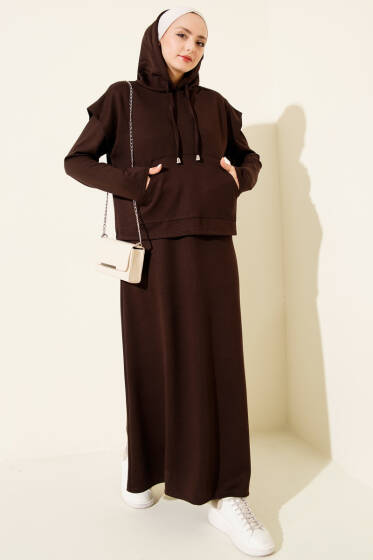 Kapüşonlu Yelekli Loyşa Elbise Kahve - Elbise