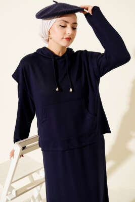 Kapüşonlu Yelekli Loyşa Elbise Lacivert - HBS