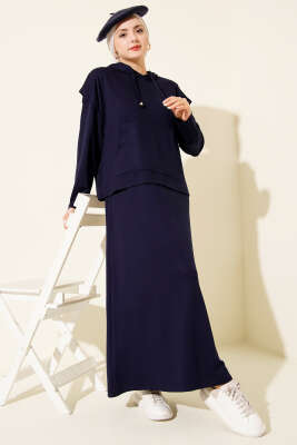 Kapüşonlu Yelekli Loyşa Elbise Lacivert - Elbise