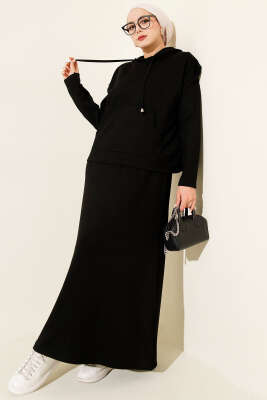 Kapüşonlu Yelekli Loyşa Elbise Siyah - HBS