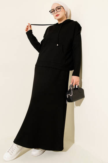 Kapüşonlu Yelekli Loyşa Elbise Siyah - Elbise