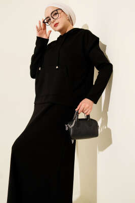 Kapüşonlu Yelekli Loyşa Elbise Siyah - Elbise