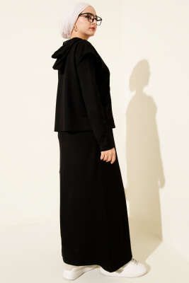 Kapüşonlu Yelekli Loyşa Elbise Siyah - Elbise