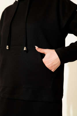 Kapüşonlu Yelekli Loyşa Elbise Siyah - Elbise