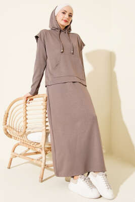 Kapüşonlu Yelekli Loyşa Elbise Vizon - HBS