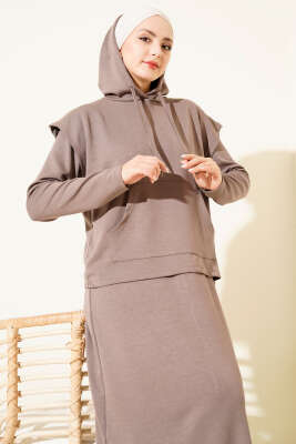 Kapüşonlu Yelekli Loyşa Elbise Vizon - Elbise