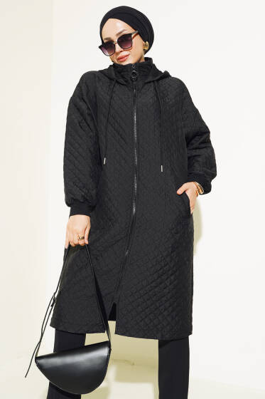 Kapüşonu İp Bağlamalı Kap Siyah - Dış Giyim&Mont