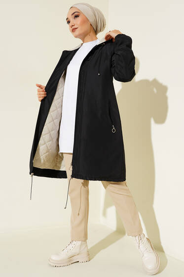 Kapüşonu İp Bağlamalı Mont Siyah - Mont