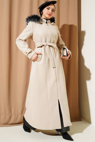 Kapüşonu Kürklü Fermuarlı Uzun Kaşe Kaban Taş - Kaban