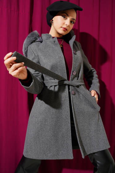 Kapüşonu Kürklü Kaşe Kaban Füme - Kaban