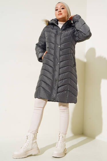 Kapüşonu Kürklü Şişme Mont Füme - Mont