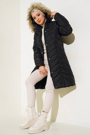 Kapüşonu Kürklü Şişme Mont Siyah - Mont