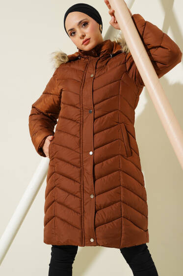 Kapüşonu Kürklü Şişme Mont Taba - Mont