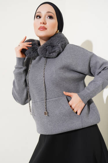 Kapüşonu Kürklü Triko Kazak Gri - Triko Kazak