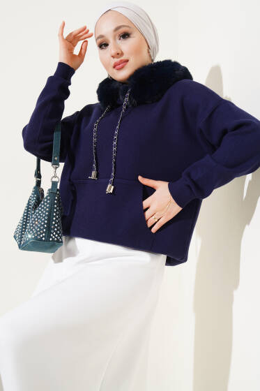 Kapüşonu Kürklü Triko Kazak Lacivert - Triko Kazak